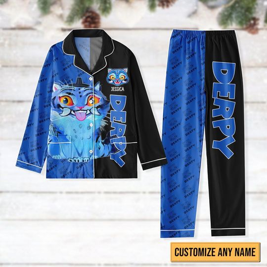 Discover Custom Blue Tiger Christmas Pajamas Set, Cute Tiger Holiday Pajamas, Kpop Anime Fans Loungewear, Animal Xmas Set Of Pajamas For Her