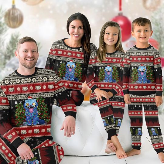 Discover Blue Tiger Christmas Family Pajamas Set, Tiger With Santa Hat Holiday Pajamas, Kpop Anime Fans Loungewear, Animals Xmas Tee And Pants