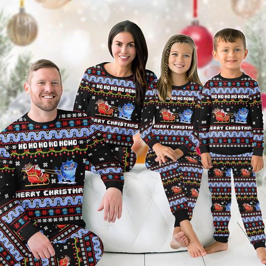 Discover Funny Blue Tiger Family Pajamas Set, Ho Ho Ho Santa With Tiger Holiday Pajamas, Kpop Anime Fans Loungewear, Tiger Xmas Tee And Pants