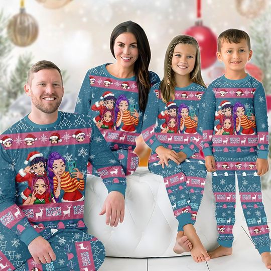 Discover Kpop Group Family Pajamas Set, Rumi Mira Zoey Matching Holiday Pajamas, Kpop Anime Movie Loungewear, Blue Tiger Xmas Tee And Pants
