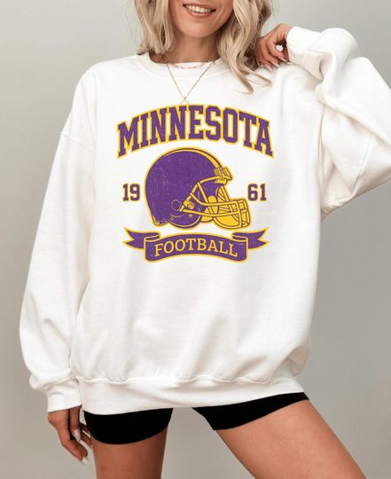 Discover Retro Minnesota Football Sweatshirt, 1961 Vintage Helmet, Distressed Game Day Crewneck
