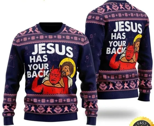 Discover Funny Jesus Has Your Back Ugly Christmas Sweater
