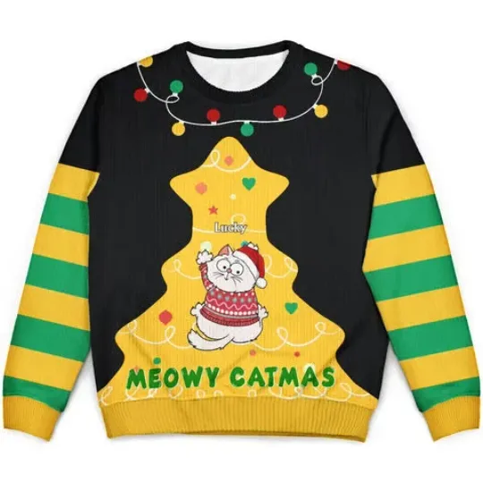 Discover Cat Climbing Christmas Tree - Personalized Unisex Ugly Sweater