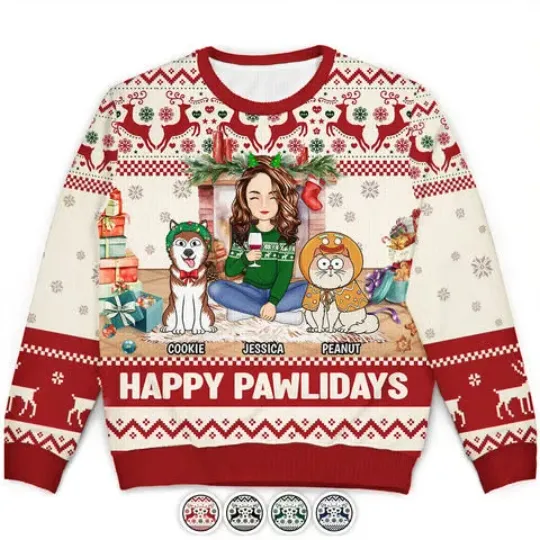 Discover Happy Great Pawlidays Ugly Xmas Sweater, Funny Dog Cat Holiday Gift