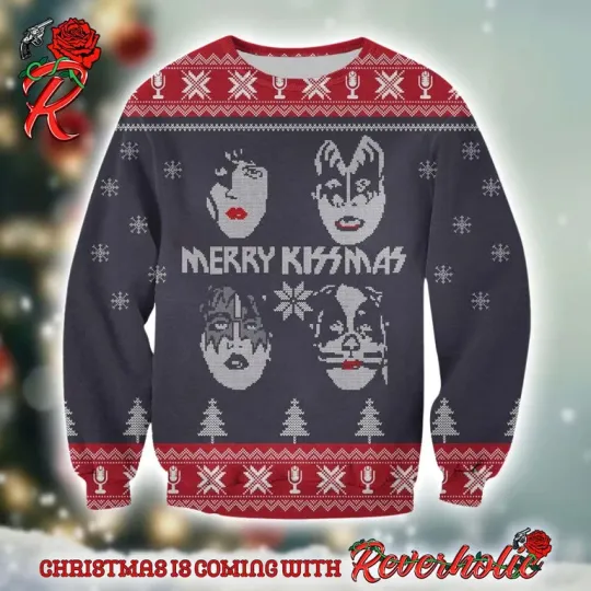 Discover K*iss Merry K*issmas Ugly Xmas Sweater, Band Faces Snowflake Knit Pattern