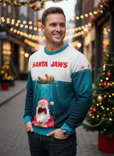 Discover Santa Jaws Ugly Christmas Sweater, Funny Shark Sweater, Xmas Holiday Gift For Men Women