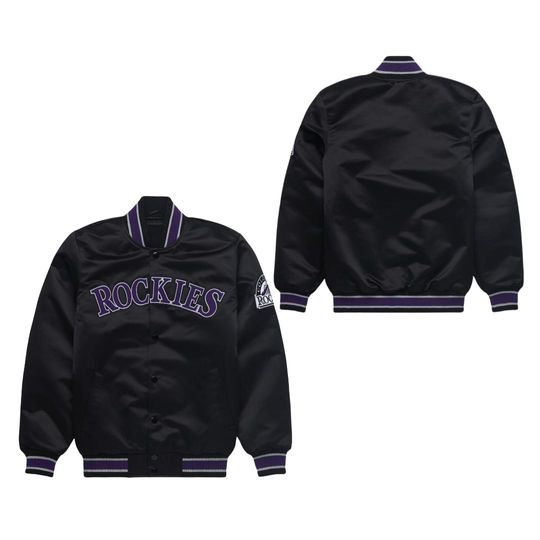 Discover Colorado Rockies Varsity Bomber Jacket Black with Purple Trim Unisex