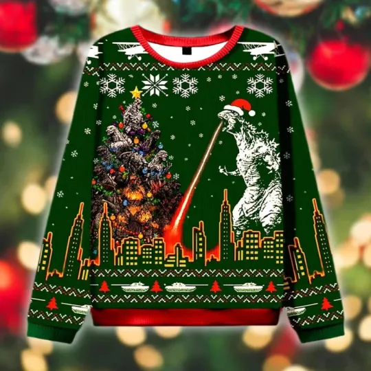 god zilla Fa-La-La Ugly Xmas Sweater, Kaiju City Lights Holiday Pullover