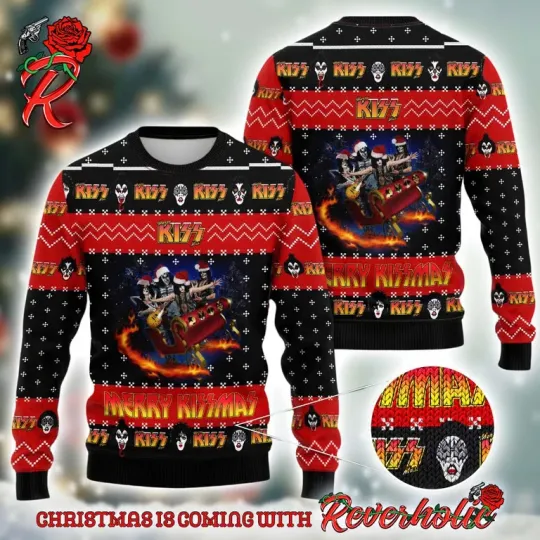 Discover K*iss Rock Band On Sleigh Merry Kissmas 2024 Ugly Christmas Sweater