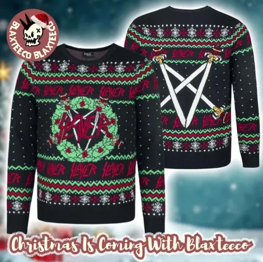 Discover Slayer Thrash Metal Christmas Wreath Logo Holiday Ugly Sweater 2025