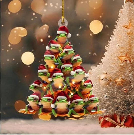 Discover Cute Frog Acrylic Ornament for Christmas Tree with Santa Hat, Holiday Decor, Perfect Gift for Frog Lovers