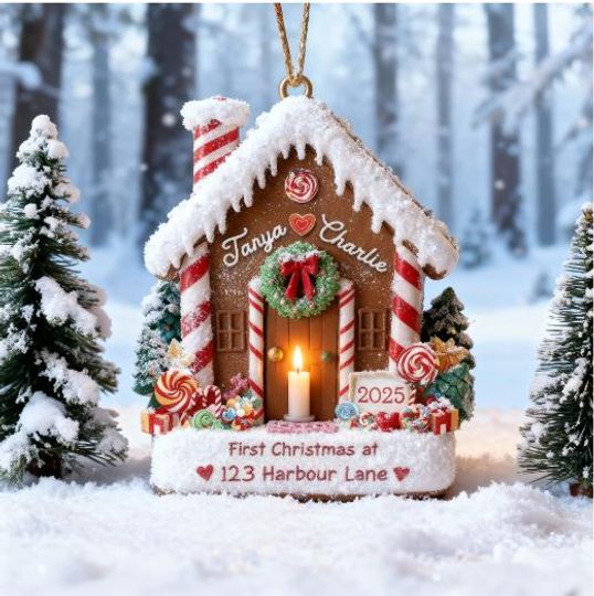 Discover Personalized Acrylic Christmas Ornament 2025 | Custom Gingerbread House | First Christmas at New Home | Family Name Holiday Keepsake