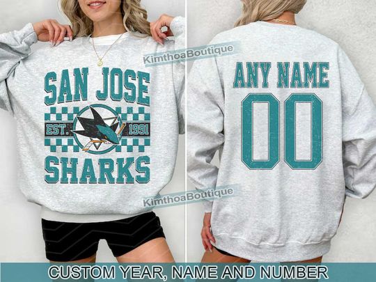 San Jose Sharks Sweatshirt , Vintage Sharks tee, San Jose Hockey Fan shirt,  Custom Number,  Sharks Hockey