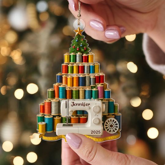 Discover Personalized Sewing Ornament with Name, Thread Spools Christmas Tree Acrylic Decor, Gift for Seamstress