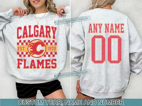 Calgary Flames Sweatshirt , Vintage Flames tee, Calgary Hockey Fan shirt,  Custom Number,  Flames Hockey