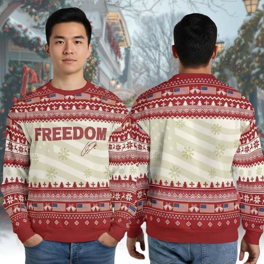 Discover Freedom USA Ugly Christmas Sweater, American Flag Patriotic Xmas Sweater, Funny Holiday Knit Sweater, Christmas Gift for Men Women