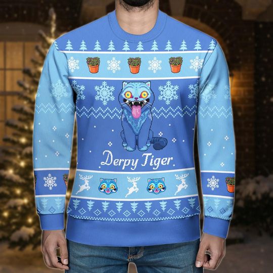 Discover Derby Tiger Ugly Christmas Sweater, Funny Blue Tiger Xmas Sweater, Cute Animal Holiday Knit Sweater, Christmas Gift for Men Women