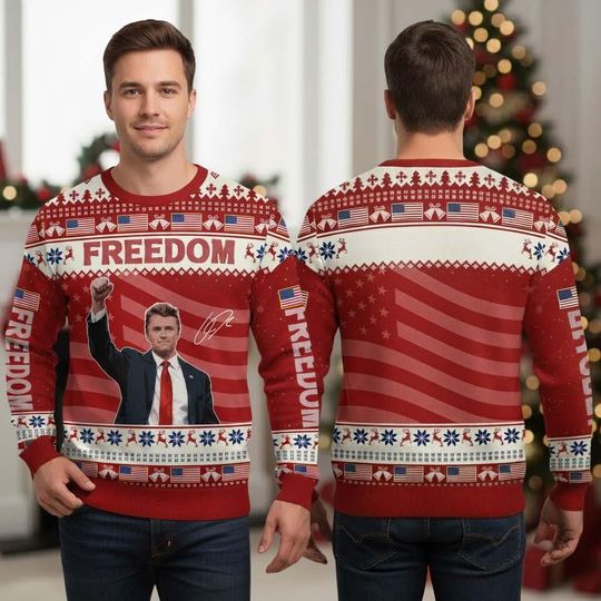 Charlie Kirk Freedom Ugly Christmas Sweater, Patriotic American Flag Sweater, Freedom Quote Knit Xmas Sweater, Christmas Gift for Men
