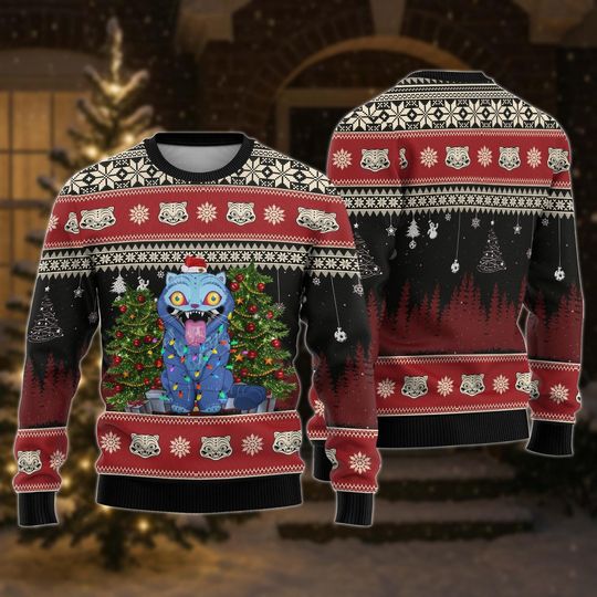 Discover Derpy Demon Tiger Ugly Sweater, Blue Tiger Cosplay Xmas Sweater, Cute Animal Holiday Knit Sweater, Christmas Gift for Men Women