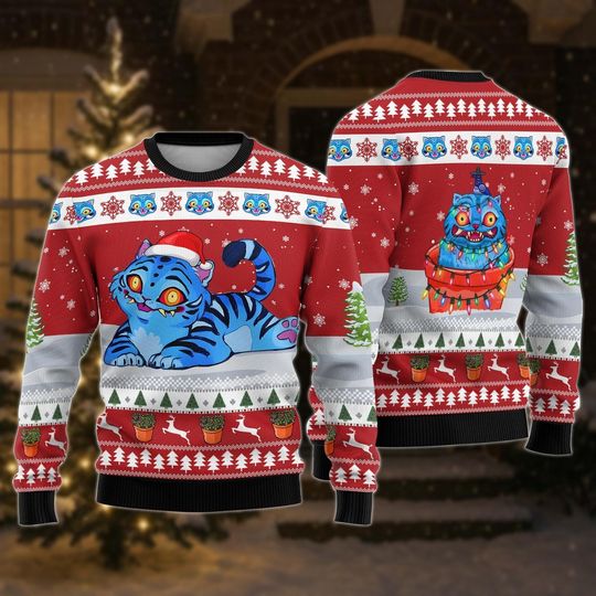 Discover Blue Tiger Ugly Christmas Sweater, Cute Kawaii Tiger Sweater, Christmas Gift for Men Women, Funny Xmas Holiday Gift