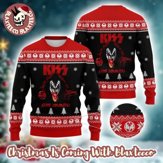 Discover K*iss Gene Simmons Bloody Tongue Ugly Xmas Sweater, Red Black Signature Knit