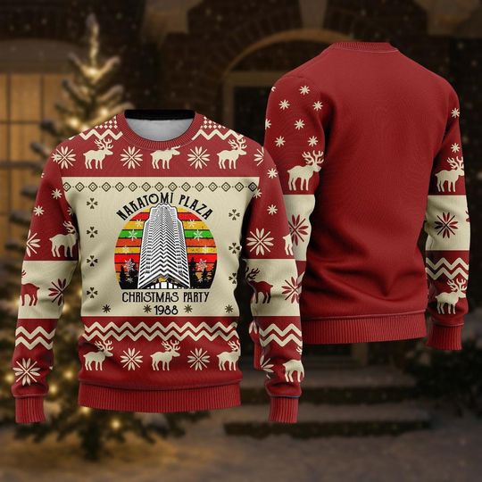 Nakatomi Plaza Ugly Christmas Sweater, Funny Movie Parody Holiday Knit Sweater, Retro 80s Xmas Party Sweater, Christmas Gift for Men Wo