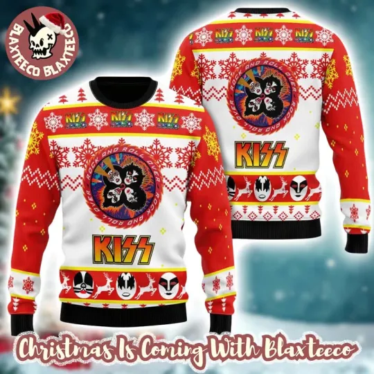 Discover K*iss Rock and Roll Over Ugly Xmas Sweater, Red White Circle Logo Pattern Knit