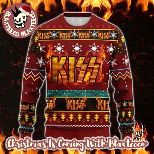 Discover K*iss Fire Logo Ugly Xmas Sweater, Rock Lover Holiday Gift for Fans