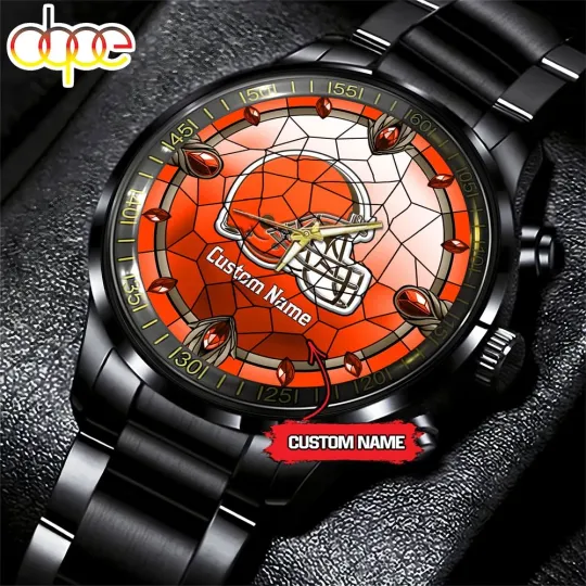 Clevelands Team Browns Stained Glass Football Black Stainless Steel Watch