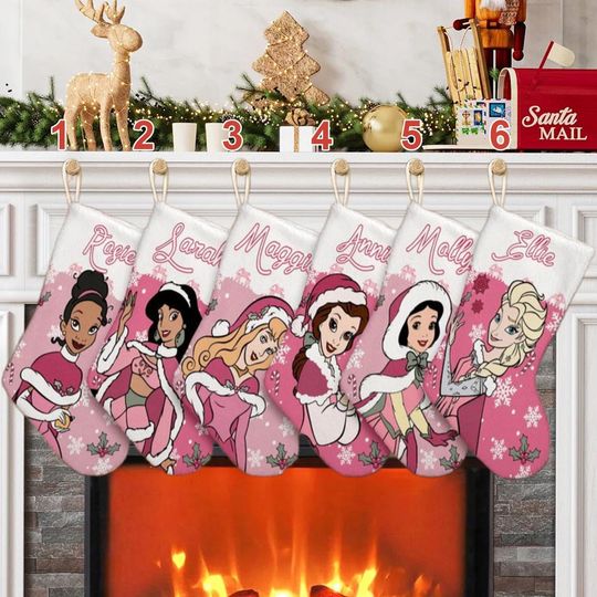 Discover Personalized Princess Movie Xmas Stocking, Princess Santa Hat Christmas Stockings, Characters Christmas Socks Home Decoration
