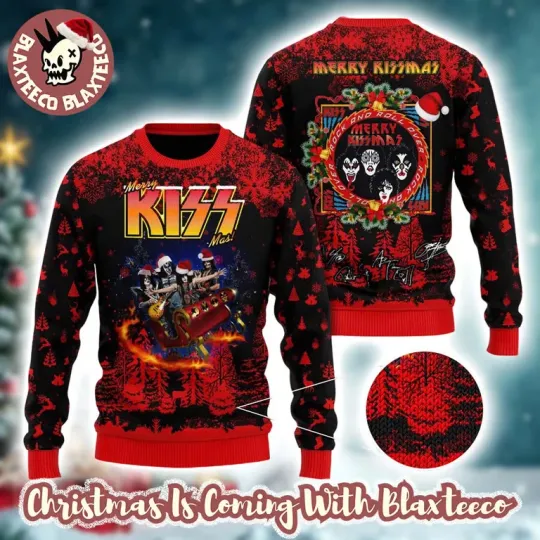 Discover K*iss Merry Kissmas Rock And Roll In The Reindeer Sleigh Ugly Christmas Sweater
