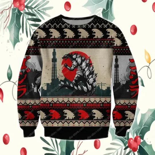 god zilla Pattern 3D Print Ugly Christmas Sweater Christmas Gifts 2025