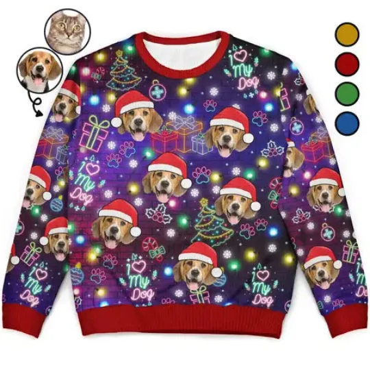 Discover Custom Photo I Love My Pet Ugly Xmas Sweater, Neon Light Dog Cat Gift
