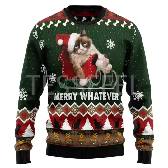 Discover Cosplay Christmas Ugly Sweater Cartoon Dog Cat Santa Claus Tattoo Long Sleeves 3