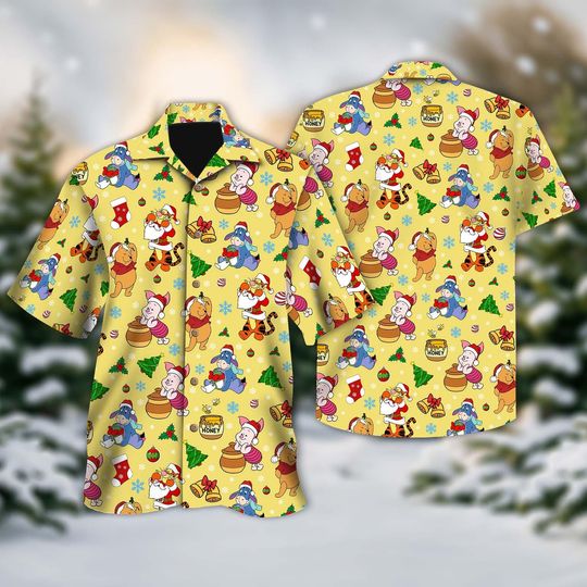 Discover Disney Pooh And Friend Hawaii Shirt, Winnie The Pooh Christmas Shirt, Tigger Piglet Eeyore Button Shirt Christmas Party Holiday Hawaiian Tee