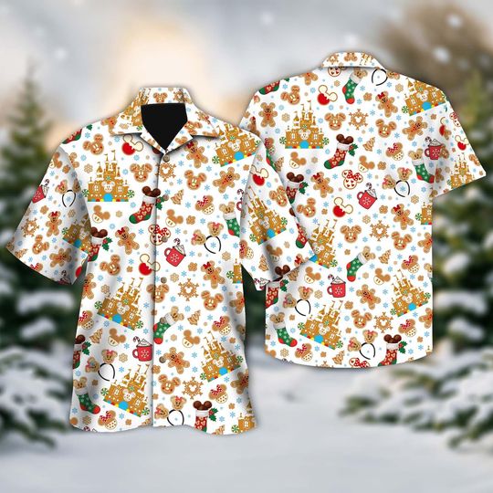Discover Disney Gingerbread Hawaiian Shirt, Mickey and Friends Christmas Shirt, Mickey's Very Merry Button Shirt Christmas Party Holiday Hawaiian Tee