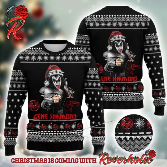 K*iss Gene Simmons Ugly Xmas Sweater, Santa Hat Signature Black Knit