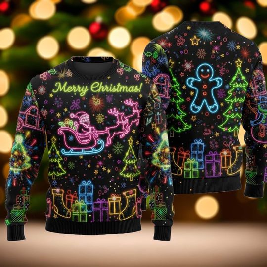 Discover Christmas Bright Neon Lighting Ugly Sweater, Santa Claus Merry Christmas 3D Shirt, Neon Light Xmas Reindeer Sweatshirt, Xmas Party Tee