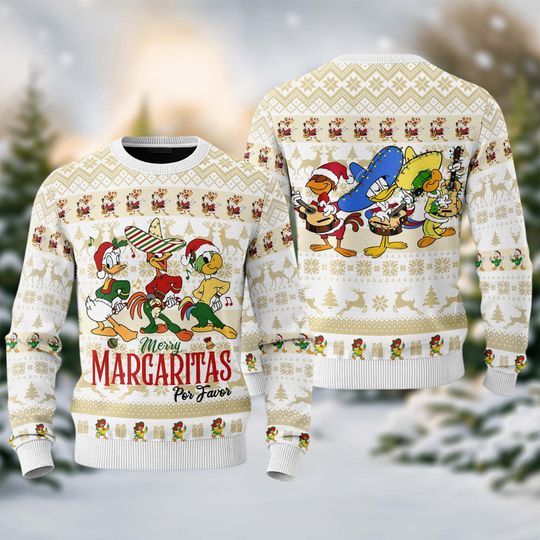 Discover The Three Caballeros Christmas Ugly Sweater, Merry Margaritas Por Favor Disney 3D Shirt, WDW Disneyland Holiday Very Merry Xmas Sweatshirt