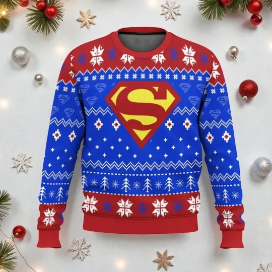 Discover Superhero S Shield Ugly Xmas Sweater, Funny Blue Red Holiday Gift for Geeks