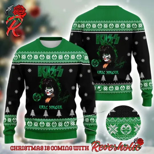 Discover K*iss Eric Singer Signature Ugly Xmas Sweater, Green Knit Holiday Gift