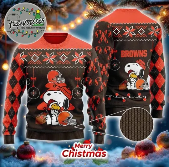 Discover Funny Snoopy And Woodstock Cleveland Brown Christmas Ugly Sweater
