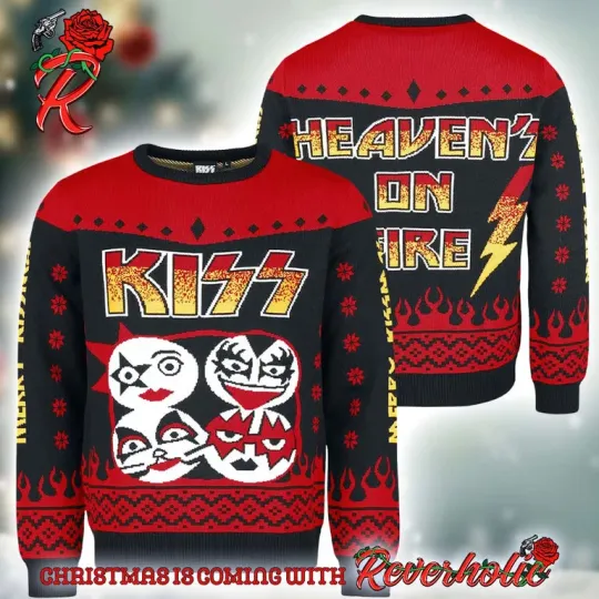 Discover K*iss Heaven on Fire Ugly Xmas Sweater, Band Members Logo Holiday Gift 2024