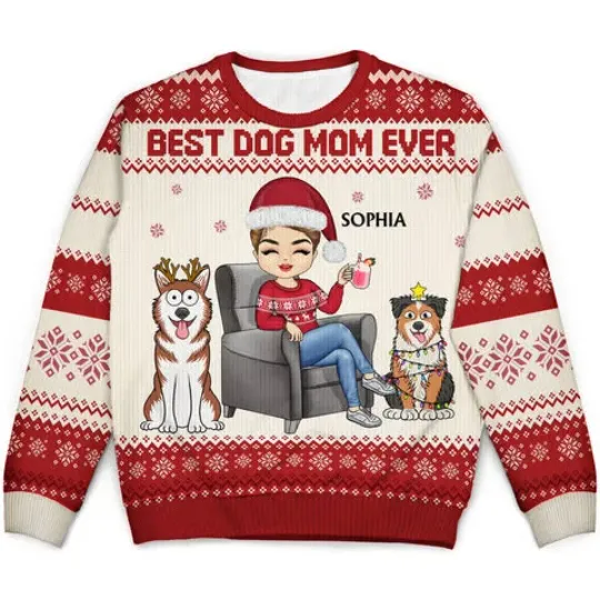 Discover Best Dog Mom Ever Ugly Xmas Sweater, Cute Chibi Gift for Pet Lovers