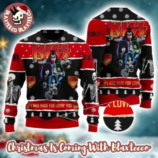 Discover K*iss I Was Made for Loving You Ugly Xmas Sweater, Skeleton Red Black Knit