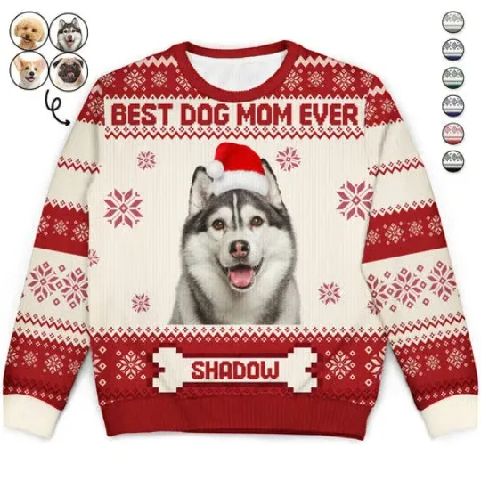 Custom Photo Funny Pet Face Ugly Xmas Sweater, Best Dog Mom Ever Holiday Gift