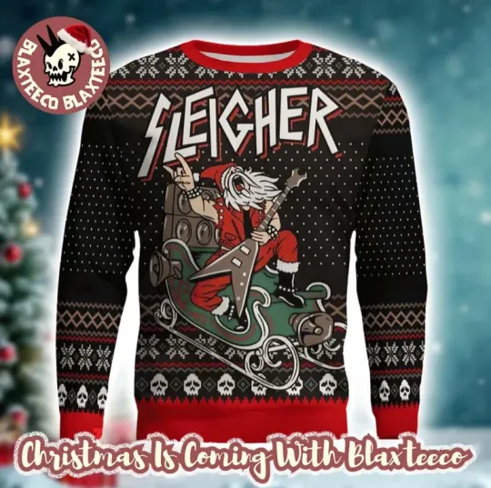 Slayer Band Santa Claus Sleigher Rock And Roll 2025 Ugly Christmas Sweater