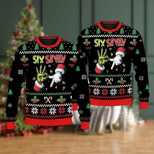 Discover Skeleton 6 7 Christmas Ugly Sweatshirt, Six Seven Meme Christmas Sweater, Santa Says 6 7 Shirt