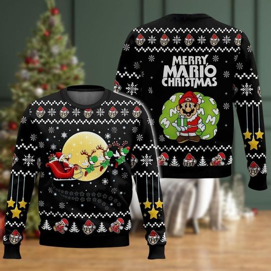 Merry Christmas Ugly Sweater, Luigi Toad Yoshi Video Game Sweater for Men Women Kids