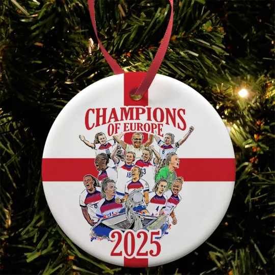 Discover England Ladies Euros Champions 2025 Tree Decoration Flat Ceramic Bauble